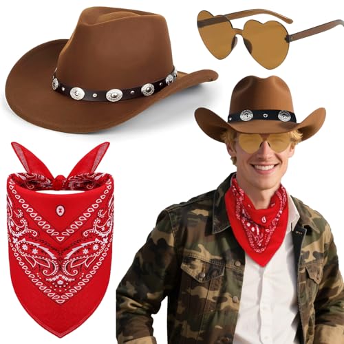 3 Pièces Kit Accessoires de Chapeau de Cowboy, Western Déguisement Set avec Cowboy Chapeau Lunettes de Soleil en Forme de Cœur Bandanas à Motif Cachemire...