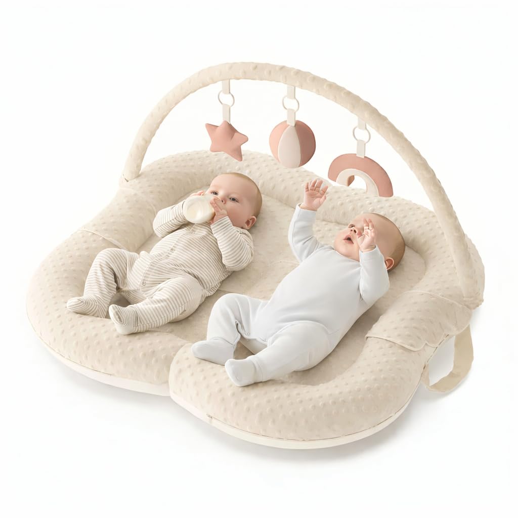 Twins Baby Play Mats for Floor Activity Gym - 5-in-1 Support Cushion Baby Play Mat Tummy Time Mat for Supervised Bonding with Arch, Plush Toys, Flashcards & Developmental Book - Beige