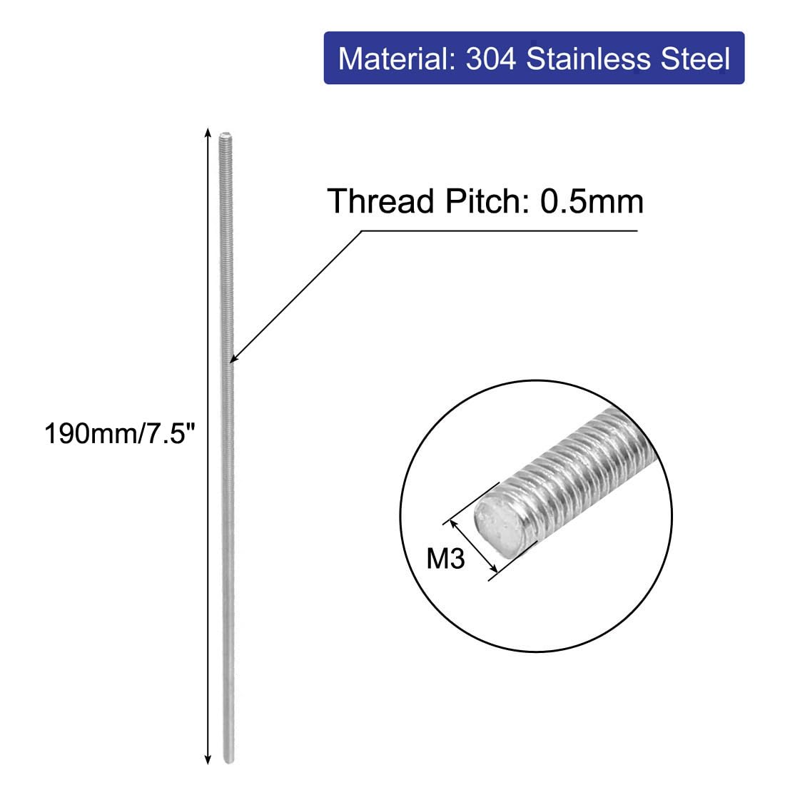 Image secondaire de sourcing map Tige Filetée M3x190mm 0,5mm pas acier inoxydable 304 entièrement filetée ton argent 10pcs
