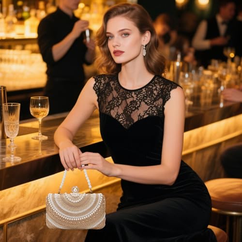 Image of Gets White Pearl Clutch Purses for Women Wedding Bride Evening Bag Formal Party Clutches Tote Handbag Prom Shoulder Bags