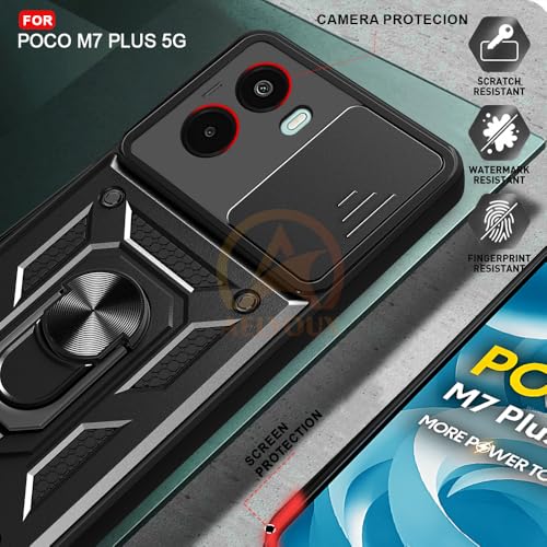 Image of Armor Bumper Back Cover Case for Poco M7 Plus 5G Rotating Camera Cover, Ring Holder & Kickstand | Heavy Duty & 360 Degree Protection Poco M7 Plus 5G Back Cover (Black)
