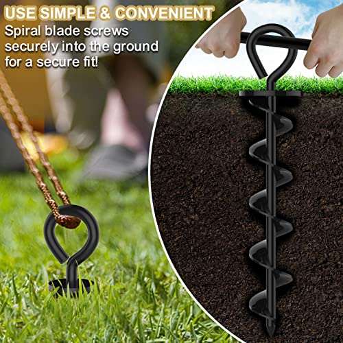 Image of Eurmax USA 4 Pack Heavy Duty Ground Stakes,Industrial Grade Spiral Steel Screw-In Anchors with 4 Bonus Tie-Down Ropes,High Wind Stabilizing Kit for Trampolines,Dog Tie-Out,Canopies,Outdoor Sheds,Black