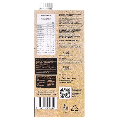 Image of Urban Platter Almond Milk, 1 Litre, Pack of 12 (Unsweetened | Lactose-Free | Plant-Based Milk Alternative | Works Beautifully in Tea and Coffee)