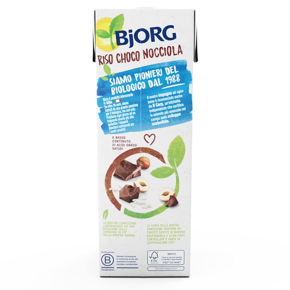 BJORG Bevanda di Riso al Cioccolato e Nocciole, Bevanda Vegetale a Basso Contenuto di Grassi, Senza Glutine, Gusto Goloso, Vegan, Prodotto in Italia,1L (Confezione da 6)