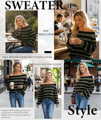 Image of MARZXIN Women's 2026 Fall Long Sleeve Sweaters Casual Loose Striped Off Shoulder Casual Oversized Knitted Sweater Pullovers