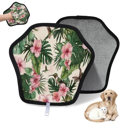 WowPrint Guanto per la rimozione dei peli di animali domestici con fiori tropicali e colibrì, riutilizzabile, elettrostatico, per divano, abbigliamento, tappeti, mobili, sedili auto, confezione da 1