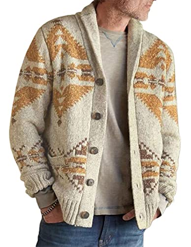 Men's Fashion Thick Tribal Ethnic Print Sweater Button Down Long Sleeve Oversized Jacquard Knitted Cardigan