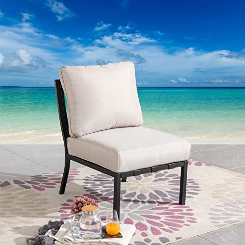 Festival Depot Patio Dining Chair Metal Armless Chair With Thick Cushions Outdoor Furniture For Porch Balcony Bistro, Beige #TOP22