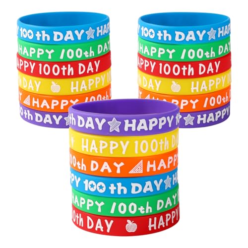 36pcs 100th Day Bracelets, Colorful Silicone Wristbands 100th Day of School Student Gift Happy 100th Day of School Rubber Bracelets for School Party Supplies Student Rewards