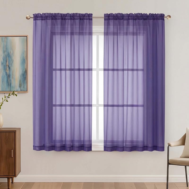 Image of OVZME Purple Sheer Curtains 54 Inches Long 2 Panels - Soft Light Filtering Window Sheer Panels for Living Room /Bedroom, Top Dual Rod Pocket, 1 Pair, Each 42Wx54L Inches