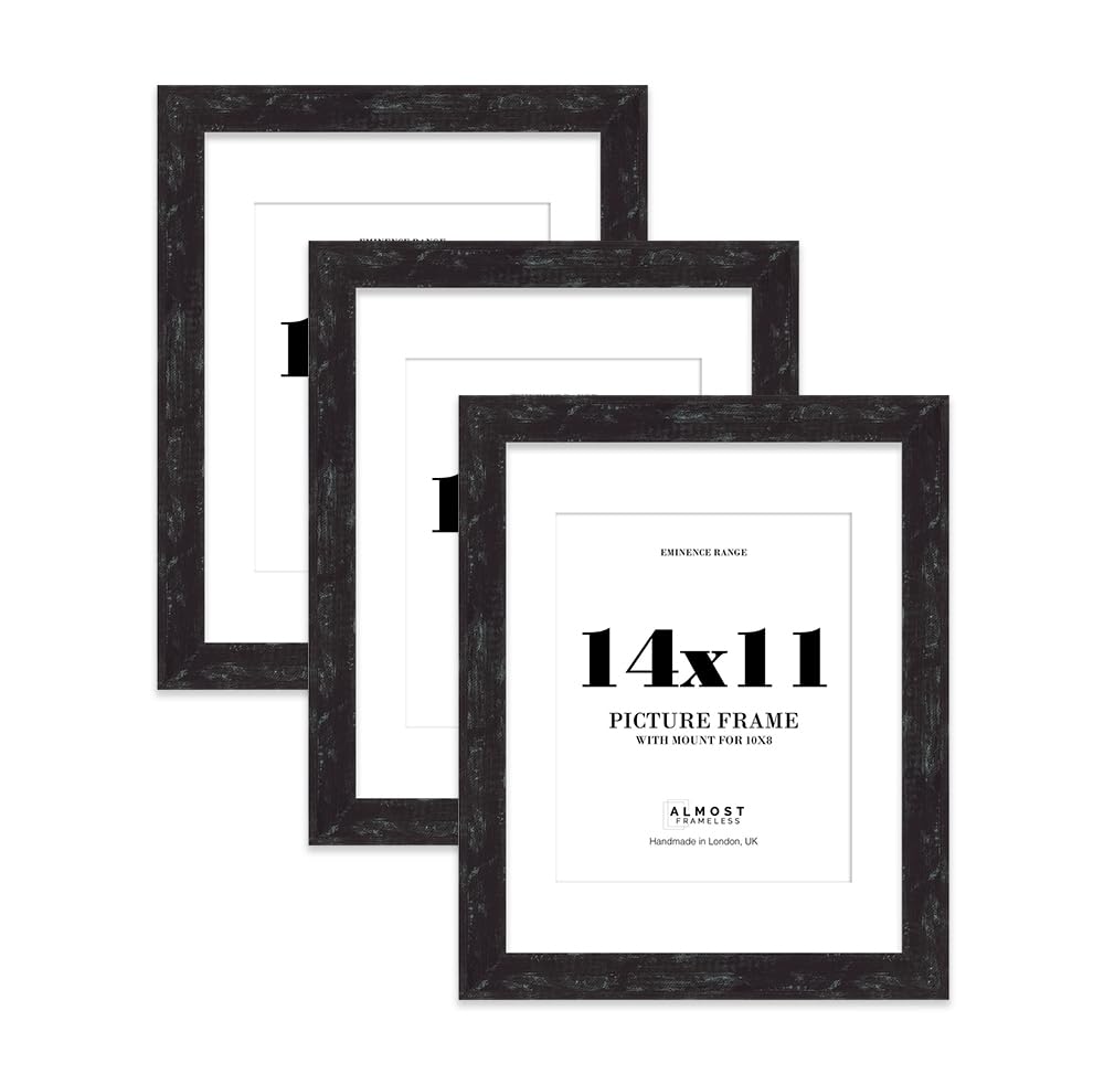 14x11" Distressed Black Picture Frame with 10x8" Mount - Weathered Photo Frame with Distressed Finish, Wall Hooks and Kickstand, 32mm Edge - 3 Pack