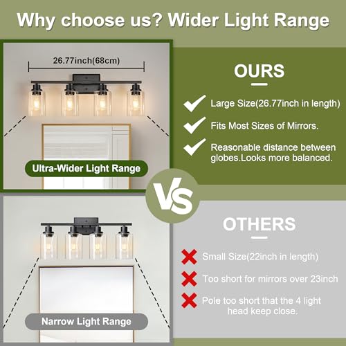 Image of Unicozin Modern Bathroom Light Fixtures, 4 Light Vanity Lights Over Mirror, Black Wall Lamp with Clear Glass for Living Room Cabinet Bedroom Porch