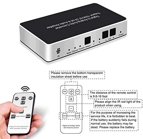 Digital to Analog Audio Converter, Optical to Analog Converter with Remote, DAC Converter Support 192KHz/24bit with IR Remote Control