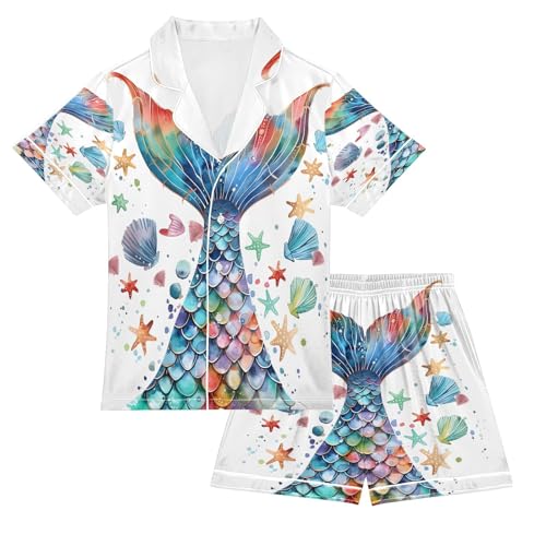 ALAZA 3d Mermaid Starfish Seashell Watercolor Satin Pajamas Set Short Sleeve Button Down Sleepwear Summer Pjs 2 Piece