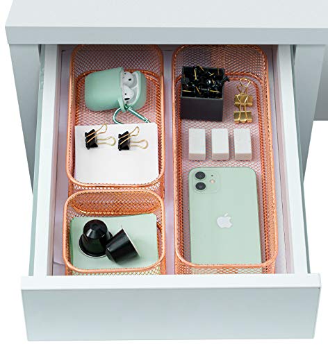 Rosework Rose Gold Desk Drawer Organizers | Set Of 3 Makeup Drawer Organizer, Small Drawer Organizer For Office, Office Drawer Organizer Tray For Bathroom Organization, And Makeup Organization