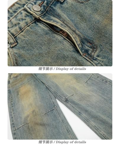 Jeans Pants Trousers Denim Retro Washed Blue Street Trendy Loose Grind White Bleach Straight Commuter Men 7