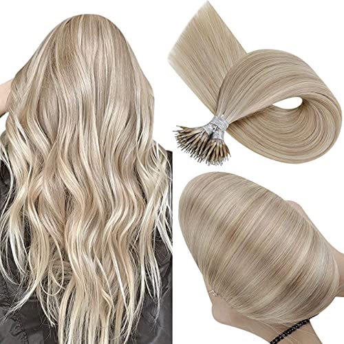 Hetto Nano Ring Hair Extensions Straight Blonde Pre Bonded Extensions Ash Blonde Highlight Bleach Blonde Cold Fusion Nano Tip Extensions 16 Inch 50 Grams 50 Strands