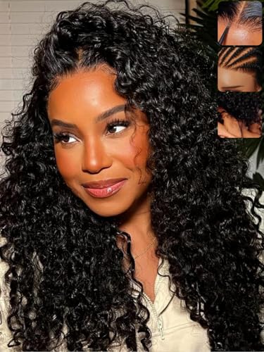Image of KLAIYI Water Wave Bye Bye Knots Glueless Wig Human Hair 7x5Precut Lace Front Pre Plucked Bleached Wear and Go Wig with Curly Baby Hair Drawstring 3S Ready to Go Pre Everything Beginner Friendly 18Inch