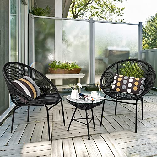 COSTWAY 3 Piece Rattan Furniture Set, String Patio Bistro Set with 2 Chairs and Glass Coffee Table, Outdoor Wicker Conversation Table Chairs Set for Garden Yard Balcony Poolside (Black)
