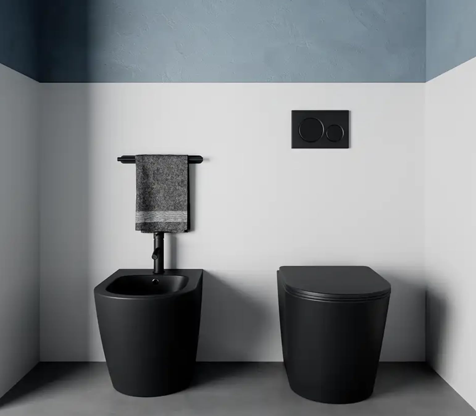 Sanitari filomuro in ceramica rimless bianco lucido: vaso, bidet e copriwc soft-close Aquamarine (NERO OPACO)