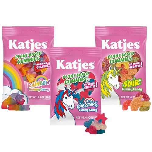 Katjes Plant Based Sour, Rainbow, Love & Stars Gummy Candy Variety Pack - Flavored Gummy Snacks - Palm Oil Free Candy - No Animal Gelatin - No High Fructose Corn Syrup, 4.9oz, 3 Pack