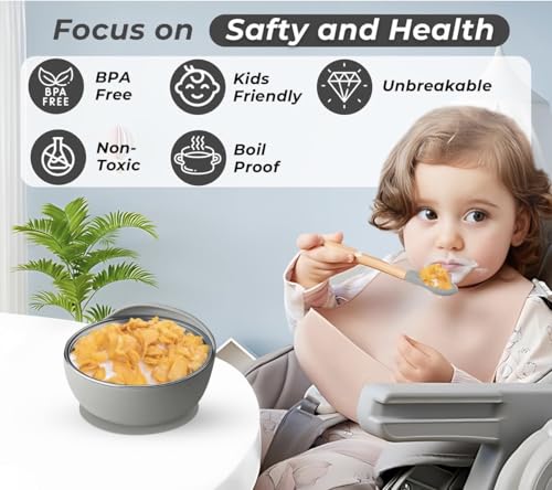 Image of NYALA Stainless Steel Toddler Plates Silicone Suction, Non-Slip Baby Plates BPA Free,Unbreakable Dishwasher Safe (Grey, Bowl)
