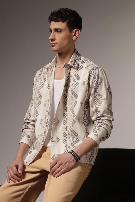 Image of Eszett Men's Printed Cotton Casual Wear Shirt| Regular Fit | Full Sleeve | Collared Neck | Button Closure