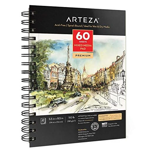 Arteza Bloc de dibujo de técnicas mixtas, Tamaño 14x21,6 cm (5.5x8.5"), 60 hojas, Papel de 180 gsm sin ácido, Encuadernado en espiral, Microperforado, Cuaderno de bocetos para medios húmedos y secos