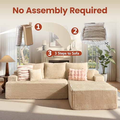 Image of ovios 96 inch Cloud Sectional Couch with L-Shape Chaise,Modern Modular Sofa with Deep Seat, Upholstered Couches for Living Room Bedroom,No Assembly Required, Beige (Plush Corduroy Fabric)
