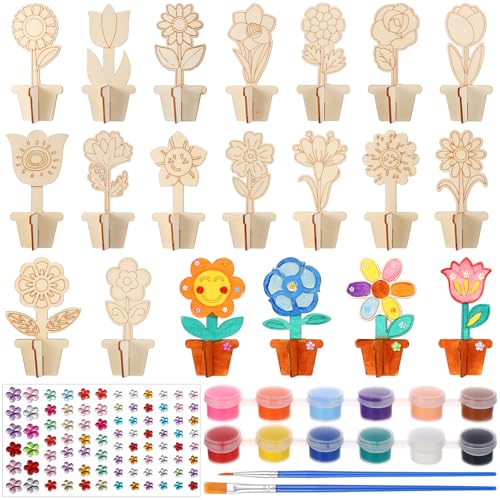 Kaisibum 20 Stück Holzblumen zum Bemalen,Blumen Holzbastelsets für Kinder 3D Holz Blumen Basteln Bastelset Kindergeburtstag mit Kristallaufkleber, Pinsel, Farben für Kinder zum Basteln