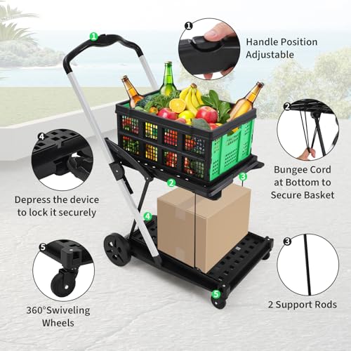 Image of Foldable Shopping Cart, 1 Storage Crate, 2 Tier Collapsible Utility Cart