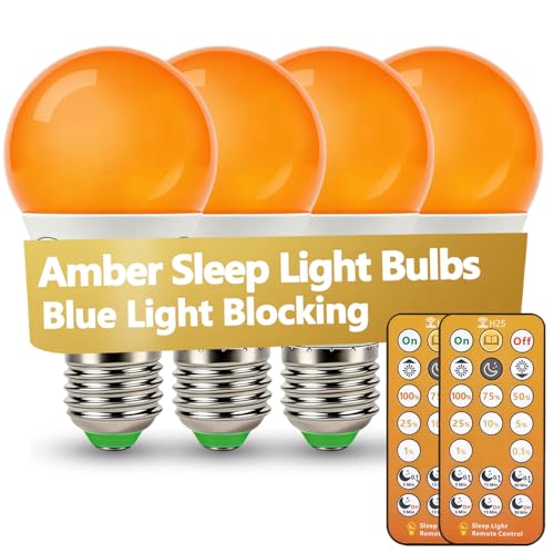 Wivety LED Sleep Amber Light Bulbs with Remote Control 1600K E26 Circadian Light Bulb A15 5W(40W Equivalent) for Sleep Therapy Baby Nursery Bedroom (4 Packs)