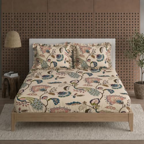 Image of Elastic Fitted King Size Bedsheet Cotton for Double Bed | 72 inchx78 inch +10 Inch, Floral, Soft & Breathable, Fade & Shrink Resistant, 2 Pillow Covers (Brown Pecock)