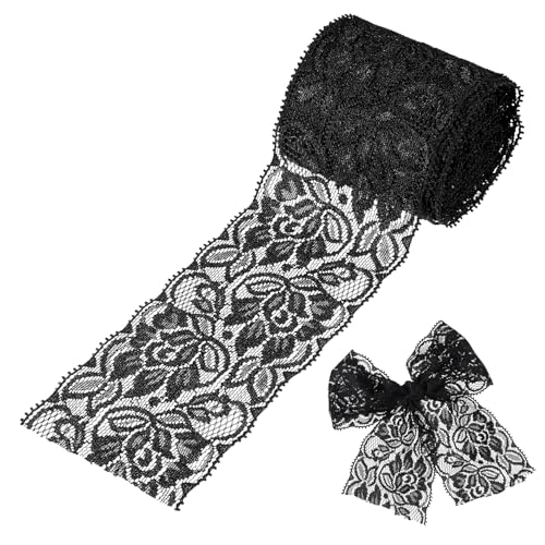 Schwarz Spitzenband, 6.5cm Wide 4.5m Long Elastischer Spitzenstoff Vintage Blumenmuster Spitzenborte für Nähen, Bastelarbeiten, Hochzeit, Geschenkverpackungen