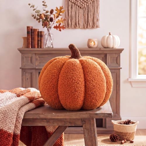 Juexica 7 Inch Halloween Stuffed Pumpkin Pillow Fluffy Plush 3D Pumpkin Shaped Decoration Fall Thanksgiving Cushion Pillow Soft Cute Throw for Sofa Couch Supplies (Orange)
