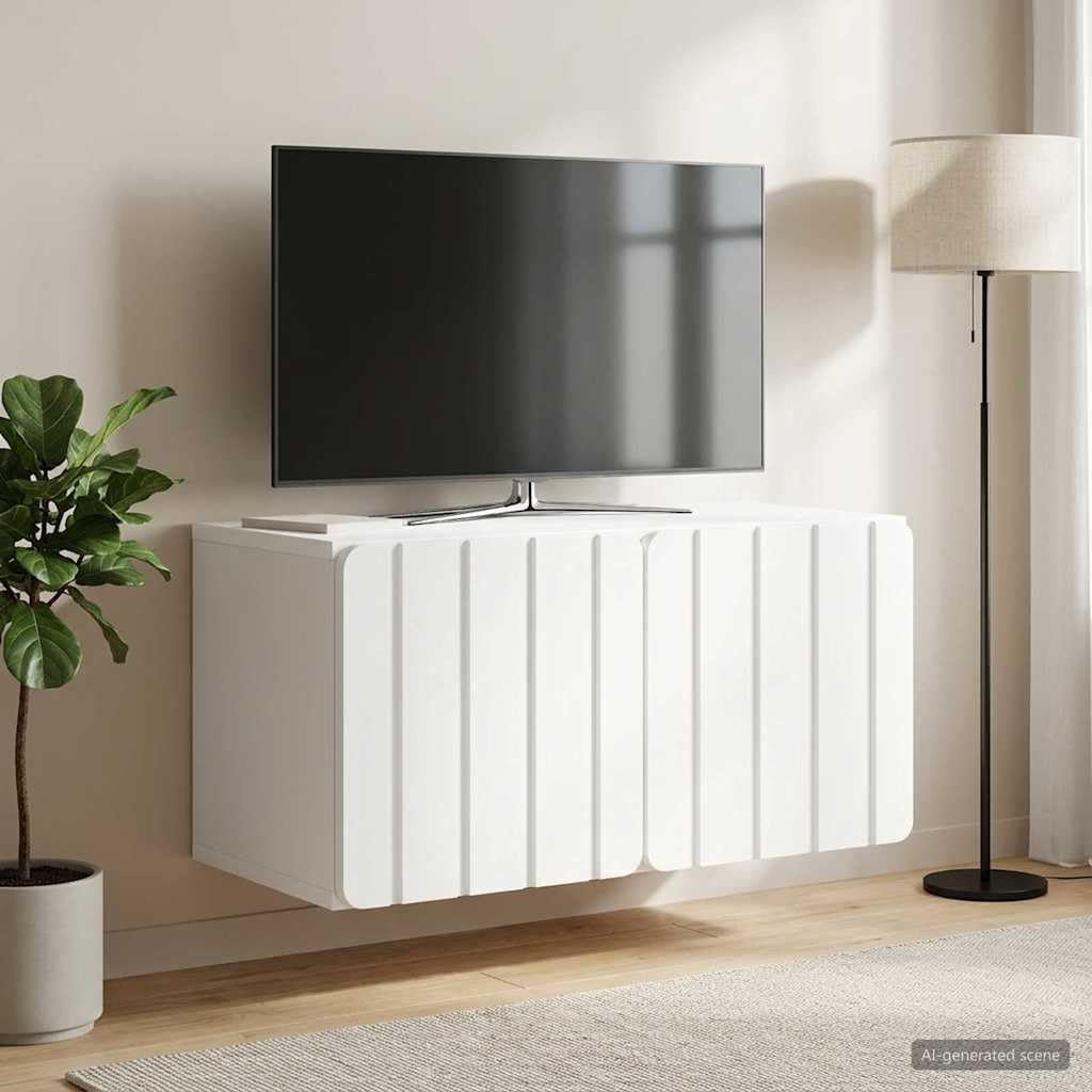Mobile Porta TV da Parete Bianco 59,5 x 31 x 30 cm con Ante a Cerniera Girevole Moderno Supporto Videogiochi e Decodificatore per Soggiorno Organizzatore Multimediale