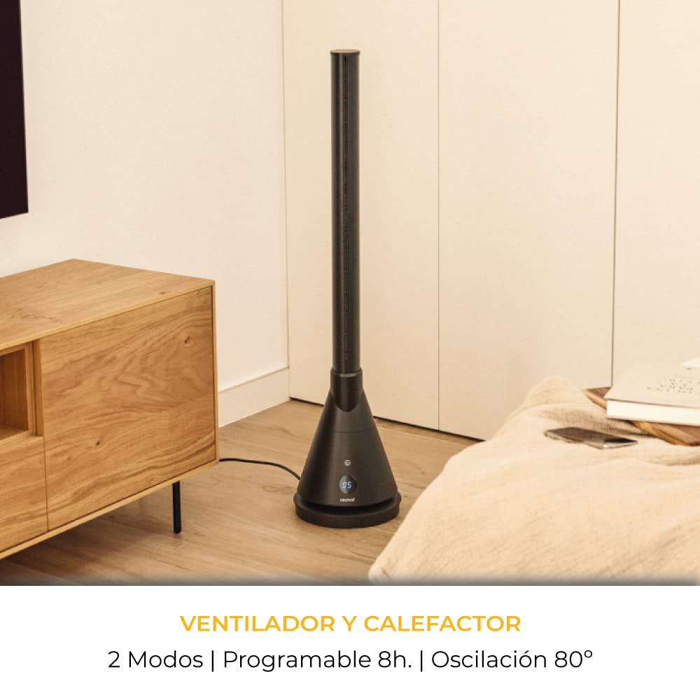 NEWTECK NEWLUX Ventilador de Torre Dual 365 Negro, con Función Calor, Temp. Ajustable 1-30ºC, Termostato, Temporizador 8h, Táctil, Mando a Distancia, Oscilante, 4 niveles Calor y 9 Frío, 1800W