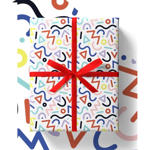 White Doodle Wrapping Paper - HUGE 43% BIGGER [84cm x 60cm] Premium Eco Birthday Gift Wrap for Birthdays, Kids, Boys, Girls, Men and Women (4 Sheets & 4 Tags)