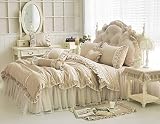 LELVA Shabby Ruffle Duvet Cover Set Queen Cotton Chic Wrinkle Girls Bedding Khaki 4 Piece Romantic L