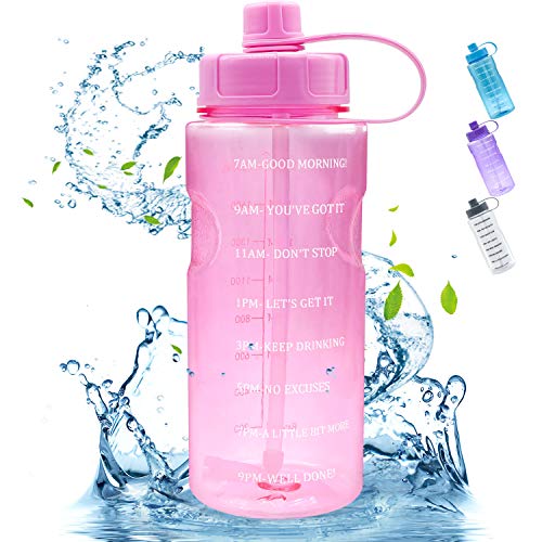 Large Motivational 64 OZ Water Bottle with Straw Time Marker, Reusable Marked Half