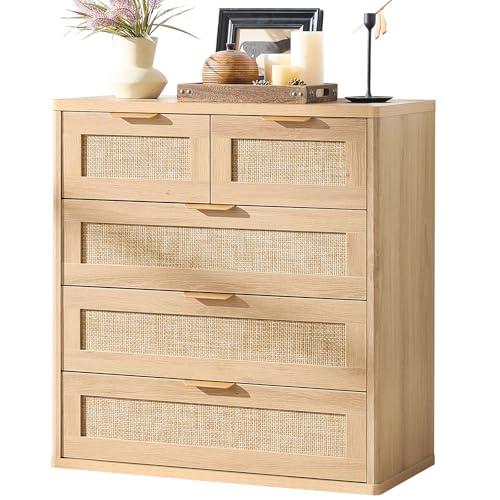 Image of LEYAOYAO Rattan Dresser for Bedroom, 33.5 inch Tall Chest of Drawers, Modern 5 Drawers Boho Dressers with Storage, Light Oak Dresser Wooden Closet Organizer for Living Room, Hallway, Natural Wood