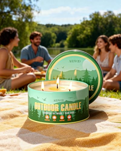 Image of AOOVOO 2 Pack Citronella Candles Outdoor - 3 Wick 24oz Large Camping Candle, Natural Essential Oil Soy Wax Non Toxic, Strong Scented Candles for Outside Backyard Garden Picnic