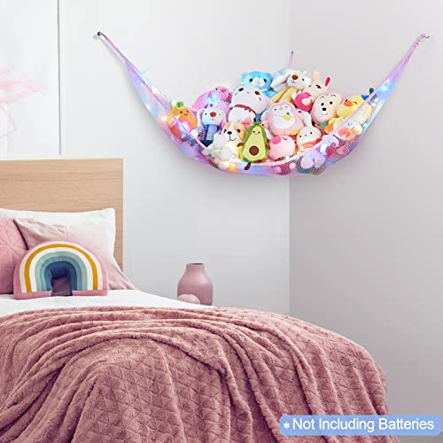 Basumee Stuffed Animals Net Or Hammock With Led Light Hanging Toy Net Hammock For Stuffed Animals Storage Stuff Animals Hammocks For Nursery Kids Room With Remote Control, 8 Kinds Of Lights, Blue Purple #TOP4