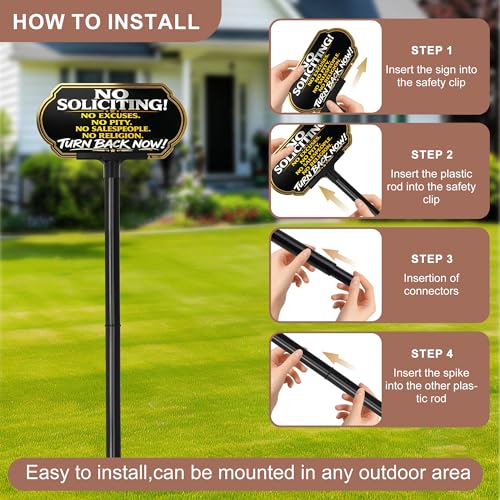 Image of Aggressive Funny No Soliciting Sign for House, 10 x 5 In Aluminum UV Printed Weatherproof Absolutely No soliciting Metal Sign with Adjustable 24 inch /37 inch Stake, Outdoor Yard Sign for Home and Front Door
