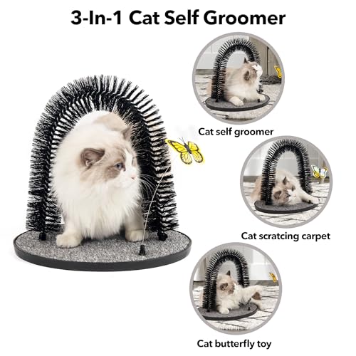 PetPrime Cat Arch Groomer Self Grooming Cat Back Scratcher Cat Brush Arch Massager Self Groomer Cat Brush Self Cleaning Cat Scratcher Brush Upgraded Version with Interactive Butterfly for Indoor Cats