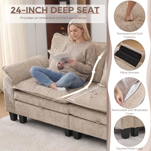 Image of IPKIG 82.3 inch Modular Cloud Couch with Storage, U Shaped Sectional Sofa with Ottoman & Pillow, Chenille Deep Seat Sectional Couches for Living Room, Apartment, Khaki