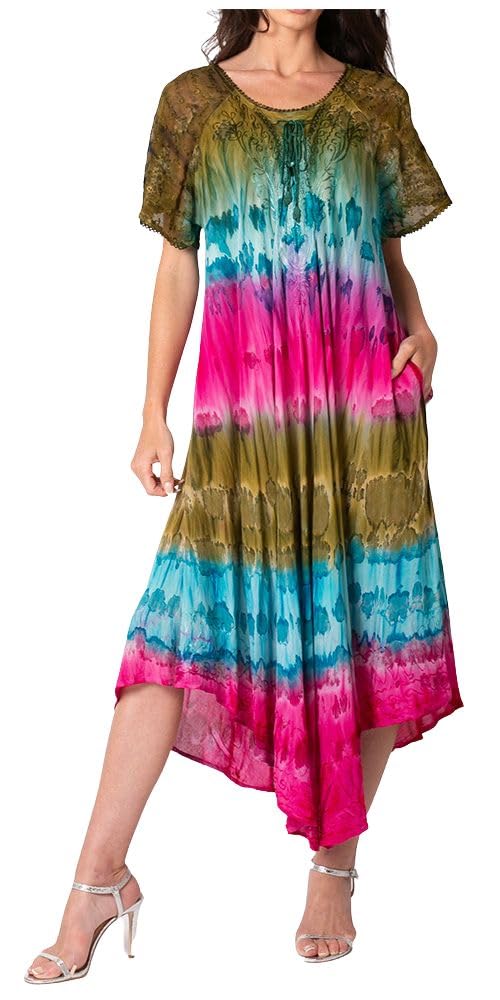 Sakkas Sula Long lacé Rayonne Tie-Dye Large col brodé Boho Sundress Cover Up