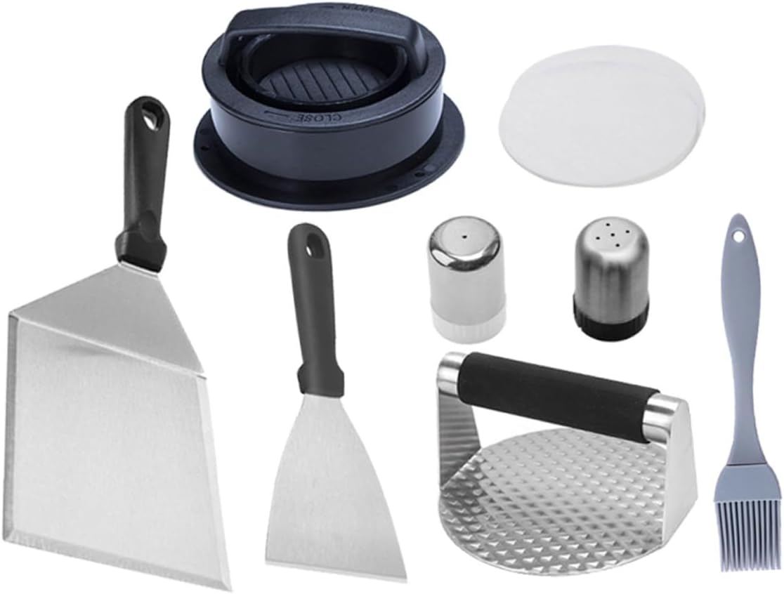 Stainless Steel BBQ Grill Tool with Ergonomic Spatula Burger Press Basting Brush and Oil Paper for Outdoor Grilling Camping and Barbecue Cooking Enthusiasts