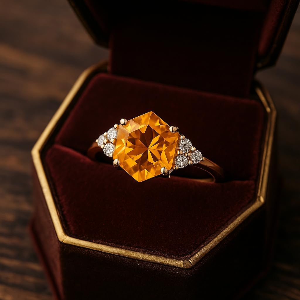 Hexagon Shape Citrine Art Deco Diamond Cluster Ring 18k Solid Gold Prong setting Bridal Wedding Ring Engagement Women Promise Jewelry Gift For Wife