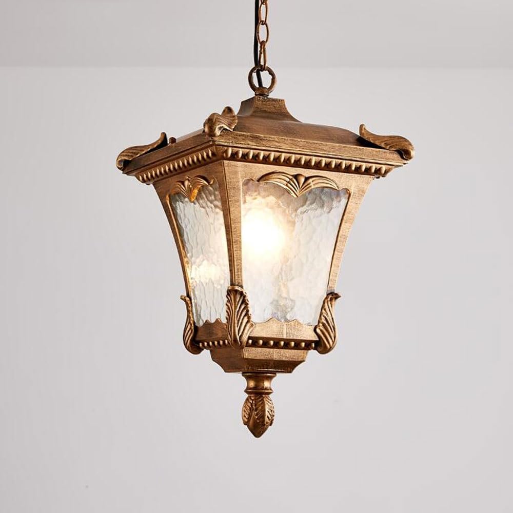 BLOOHK Antique Gold Outdoor Hanging Lantern, Victorian Vintage Exterior Pendant Light with Hammered Glass, Waterproof Retro Lamp for Porch, Patio, Gazebo, Entryway(Brass)